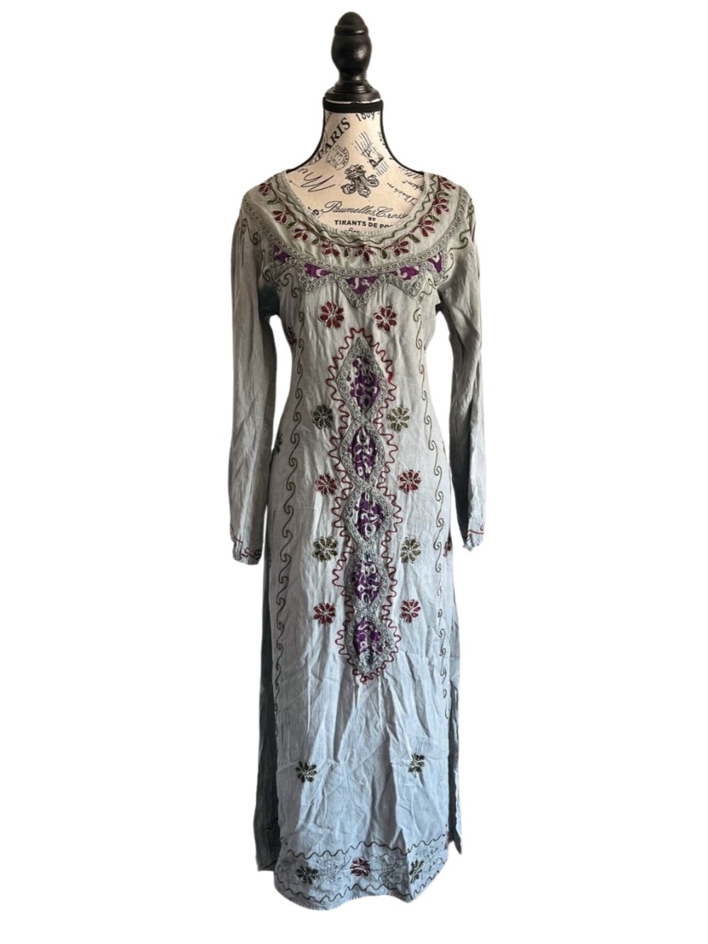 90s Vintage Grey Embroidered Boho Midi Dress Rayon India Cottagecore Festival